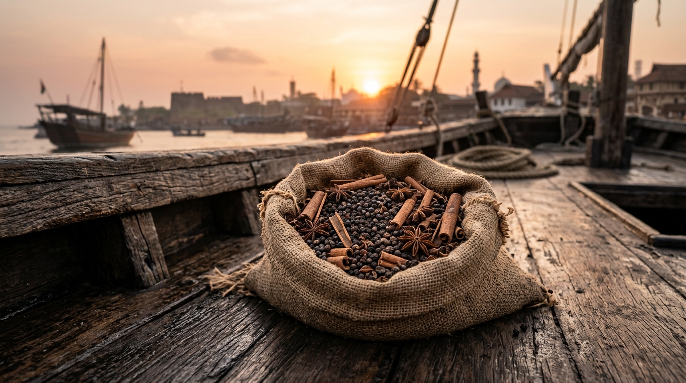 Burlap sack of black peppercorns and cinnamon on an ancient wooden ship deck.