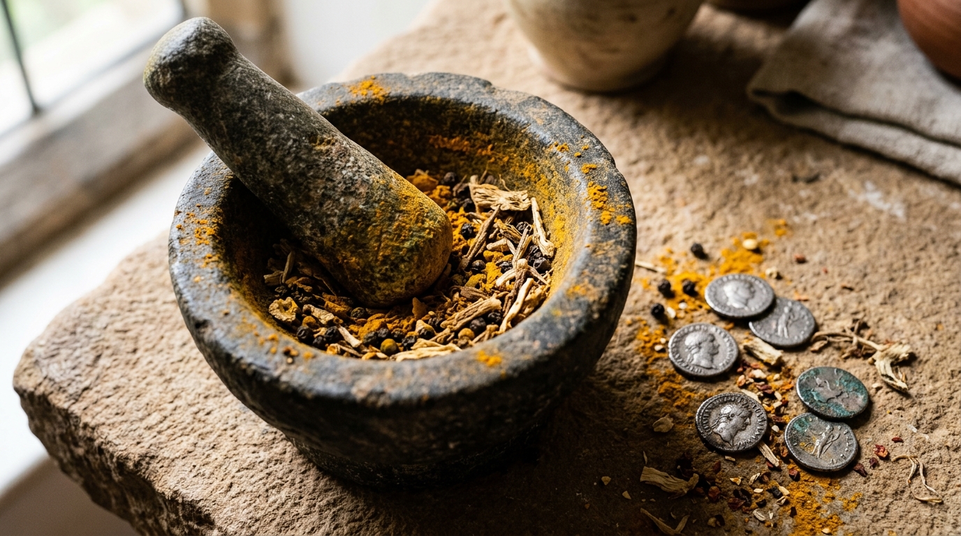 Ancient Roman silver coins and botanical spices near a stone mortar and pestle.