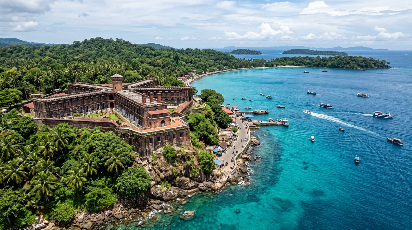 Historic Cellular Jail overlooking the turquoise Bay of Bengal in the Andaman Islands.