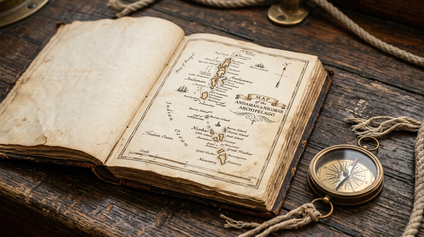 Antique maritime logbook and brass compass representing European exploration of the Andaman Islands.