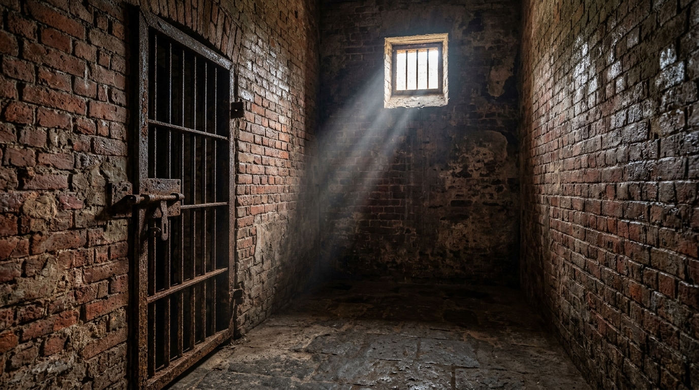 Rusted iron bars and brick walls inside a solitary cell at the Cellular Jail.