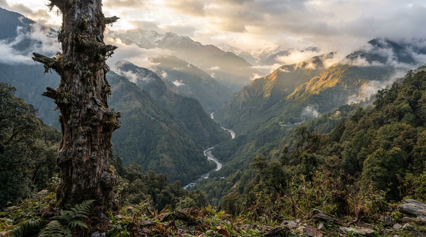 Misty Himalayan forest slopes in Garhwal, representing the Chipko movement's tree-protection roots