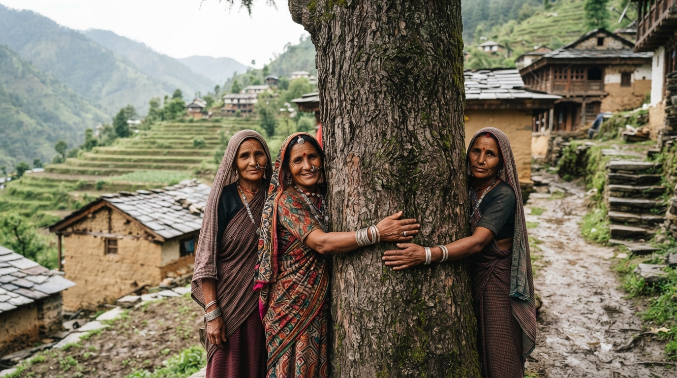 Village women embracing a tree trunk in Garhwal hills, recreating the Chipko protest stand