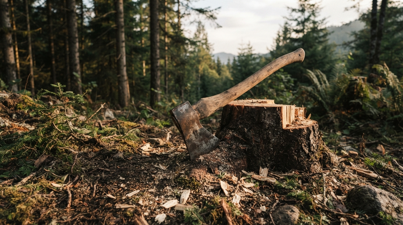 Felling axe beside a cut stump, symbolizing logging contracts that sparked forest protests