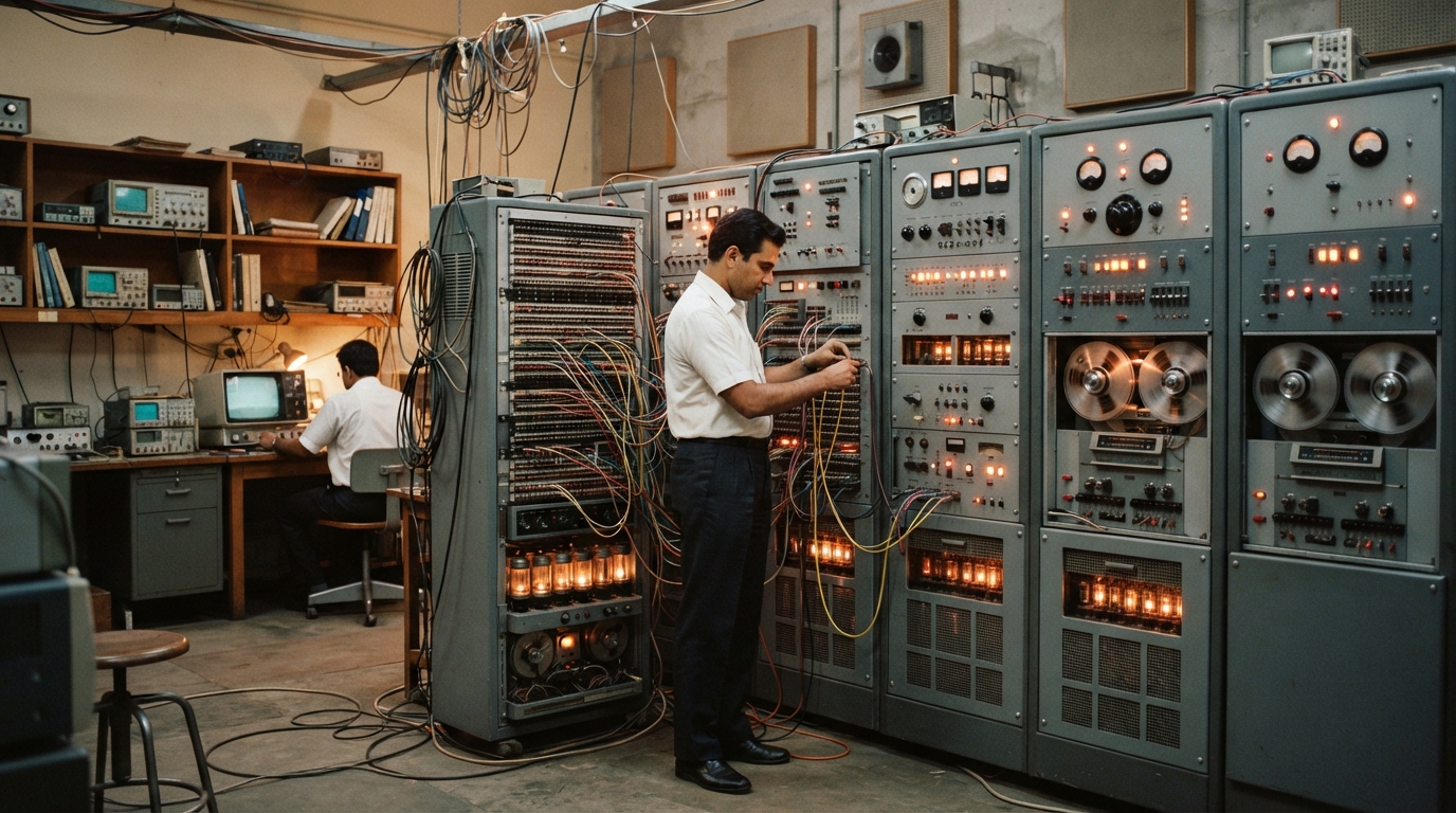 Vintage electronic mainframe computer hardware with glowing vacuum tubes in an early Indian laboratory.