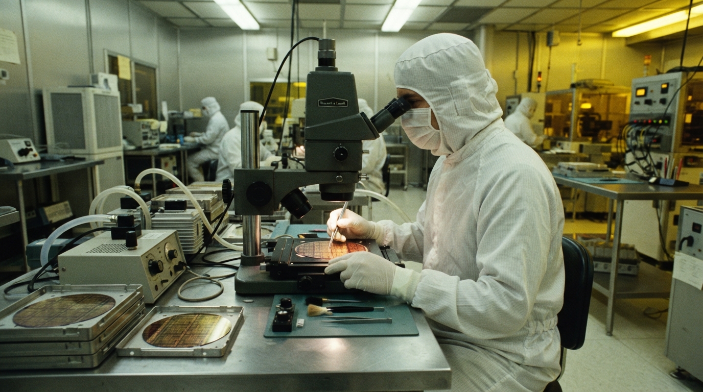 Cleanroom technician inspecting a silicon semiconductor wafer under a specialized industrial microscope.