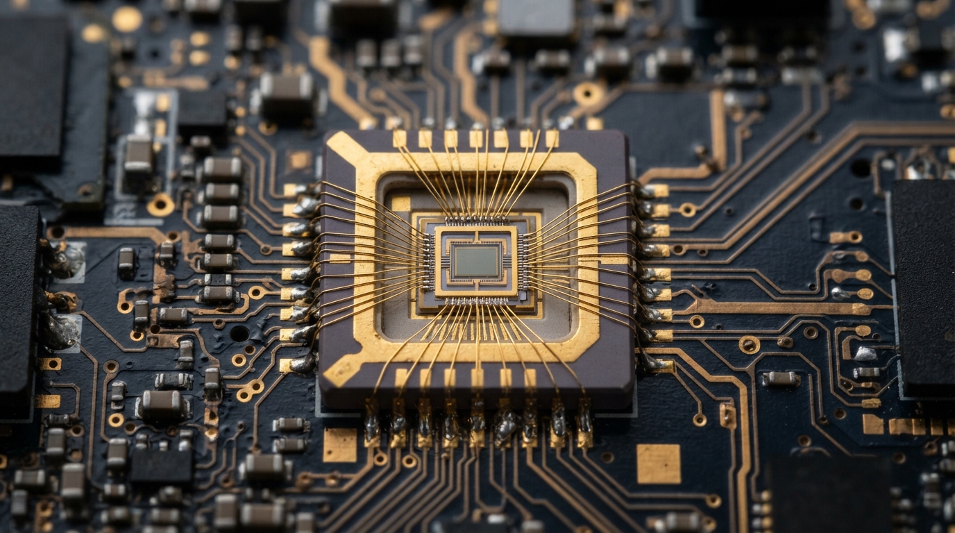 Close-up of a gold-plated radiation-hardened microchip designed for aerospace and satellite applications.