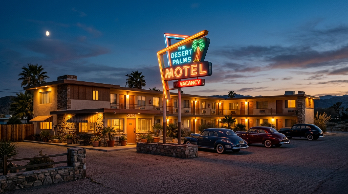 Vintage 1940s California roadside motel at dusk representing early Indian hospitality investments.