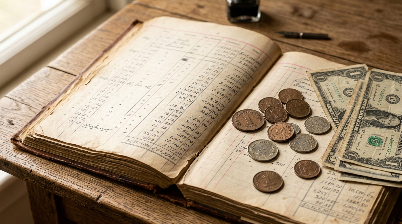 Vintage ledger book with historical currency representing community financing in the Indian diaspora.