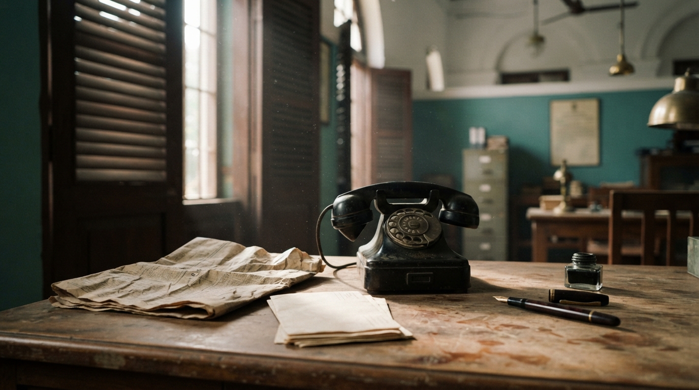 Vintage 1940s telephone and folded wartime newspapers in a colonial India office