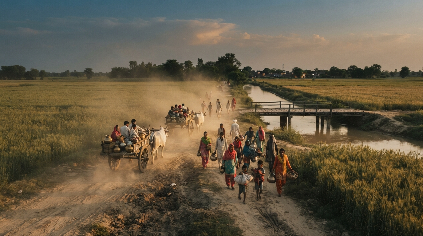 Families with bullock carts walking a dusty Punjab road at sunset during Partition
