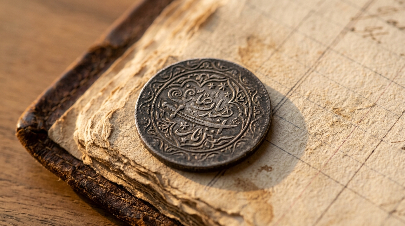 Antique silver Indian Rupee coin on a vintage merchant ledger representing early banking history.