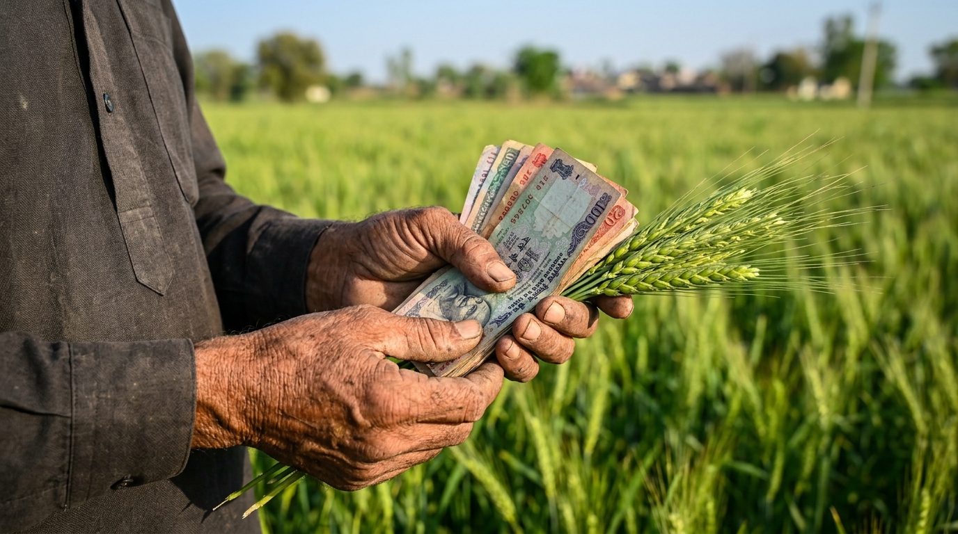 Farmer holding vintage Indian rupee notes and wheat stalks symbolizing rural bank nationalization.