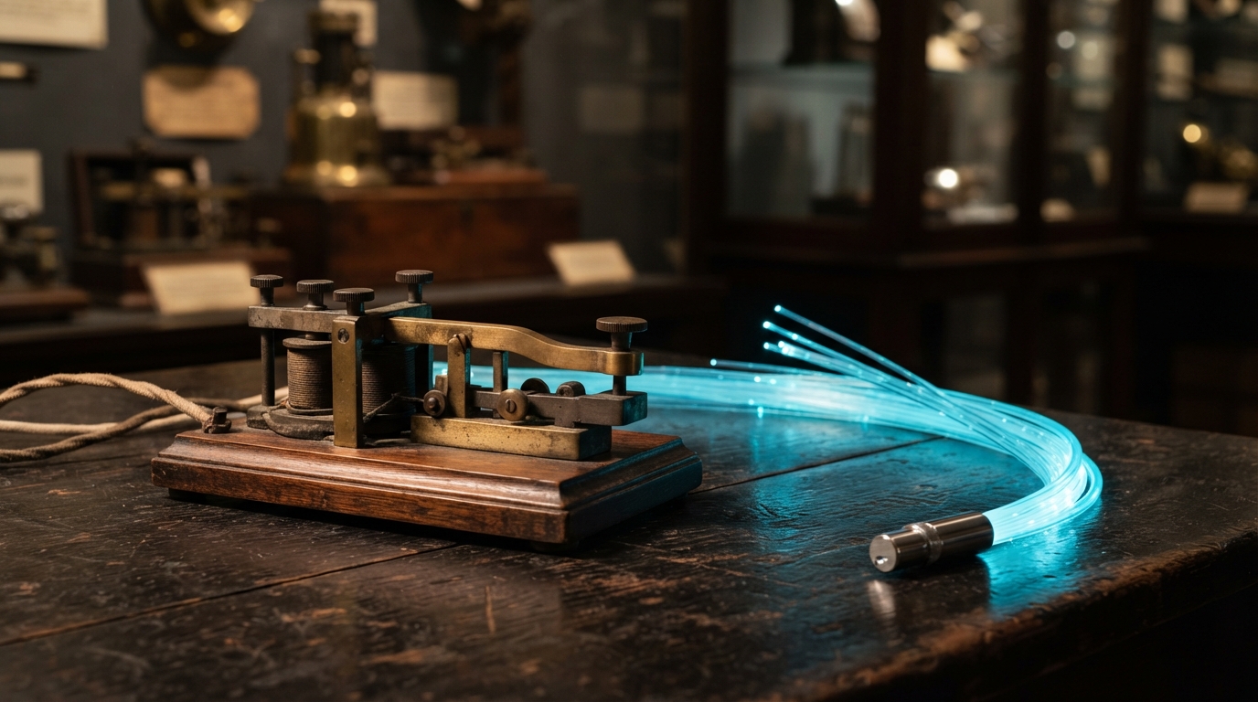 Antique brass telegraph key next to modern optical fiber cables representing Indian communications law evolution.