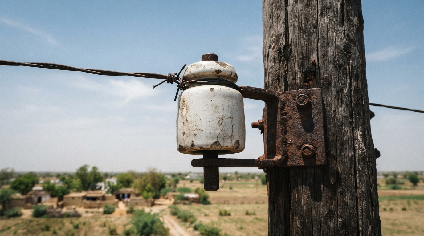 Colonial-era ceramic telegraph insulator mounted on iron bracket under an open sky in India.