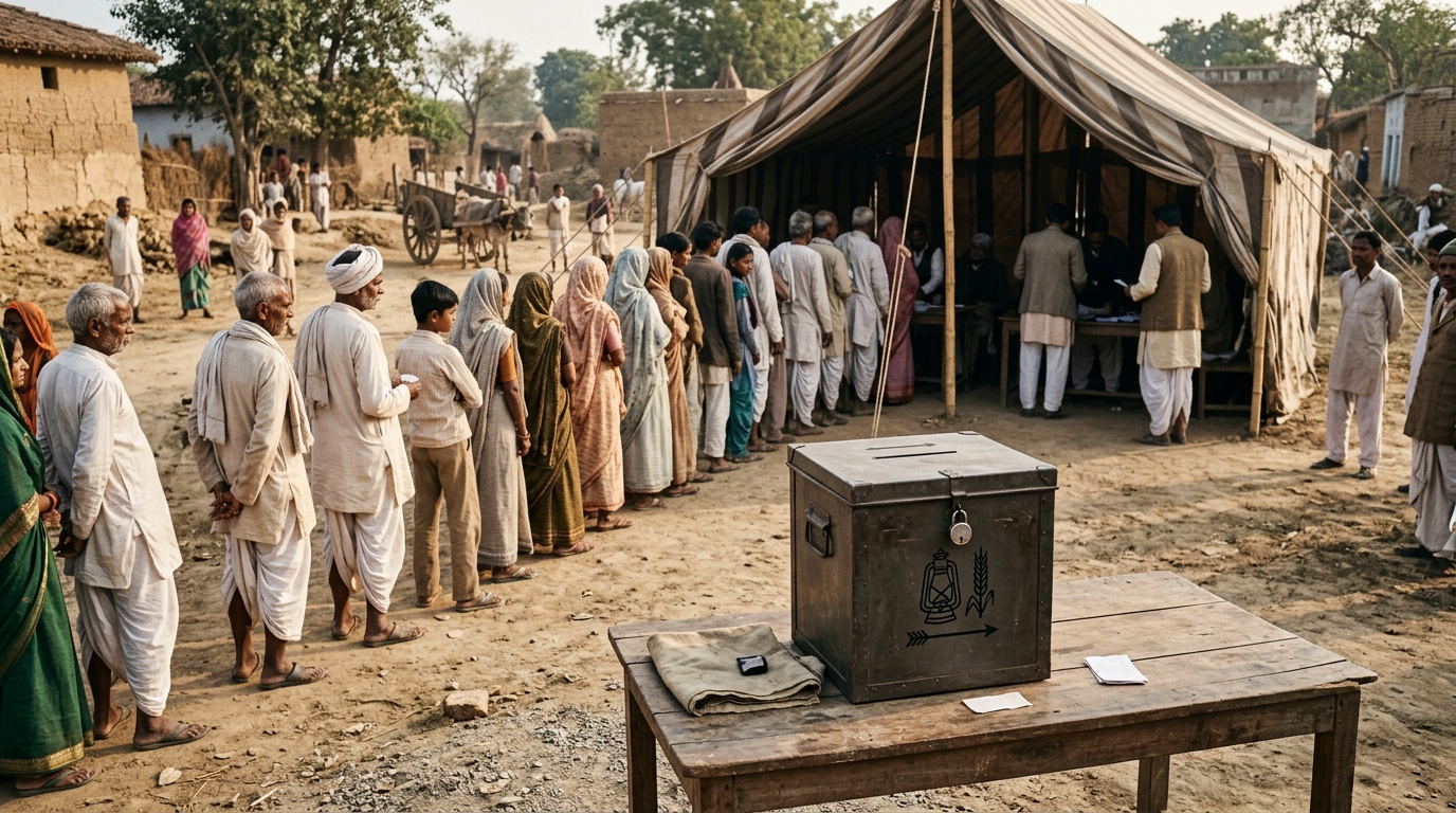 Vintage 1951 Indian polling station with citizens waiting to cast their first democratic votes.