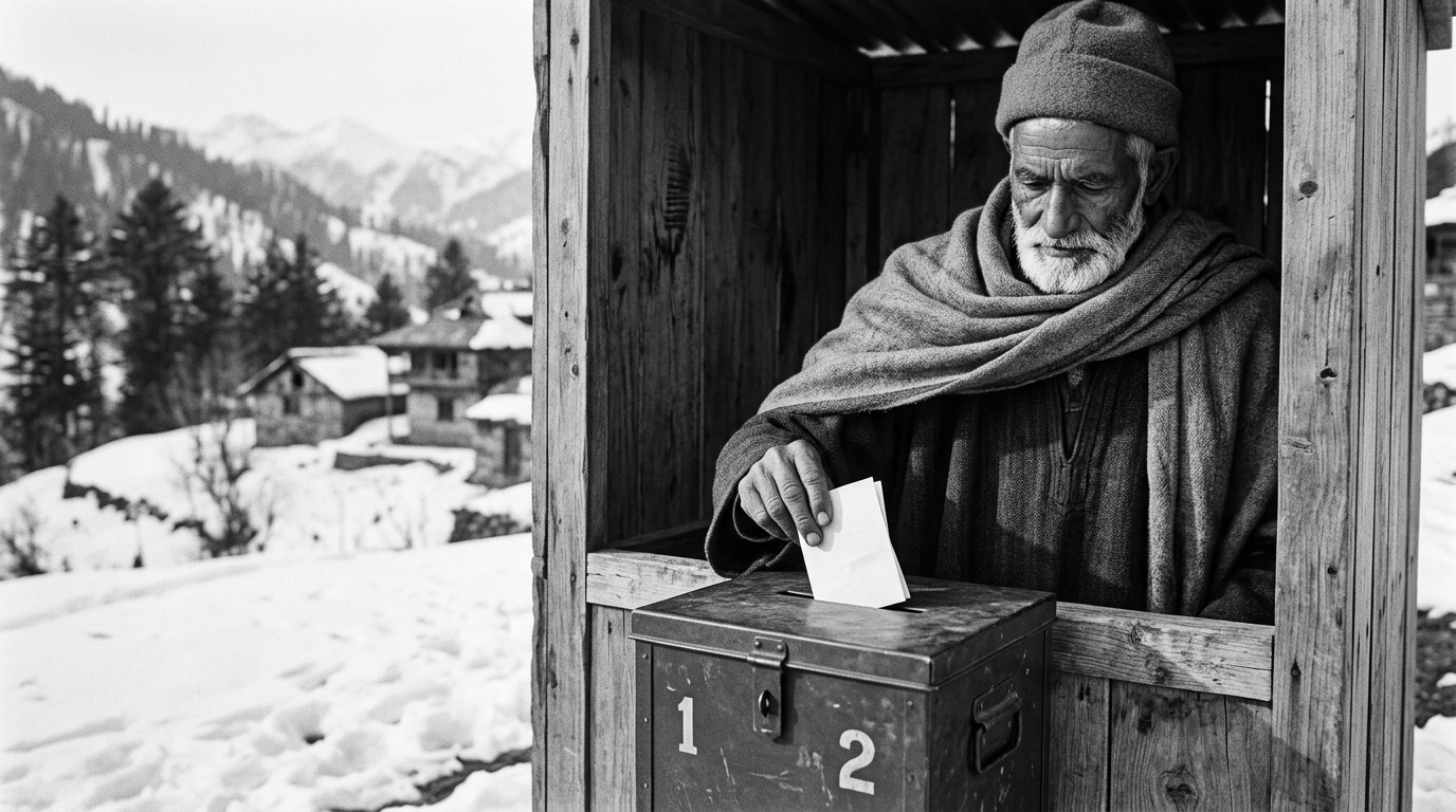 Elderly man in mountainous Himachal Pradesh dropping a ballot into a steel box in 1951.