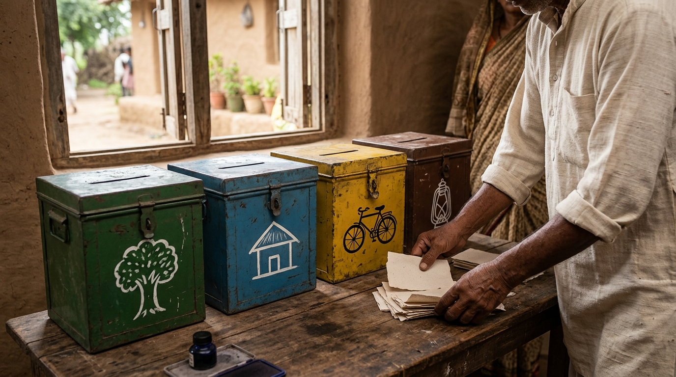 Vintage steel ballot boxes with painted symbols used during India's first general election history.
