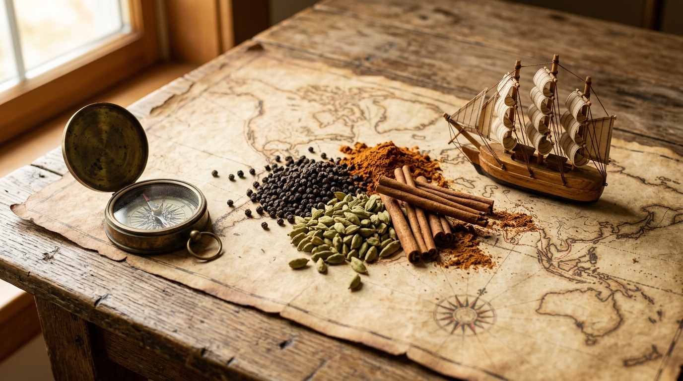 Antique map covered with raw Indian spices and a brass compass representing ancient trade routes.