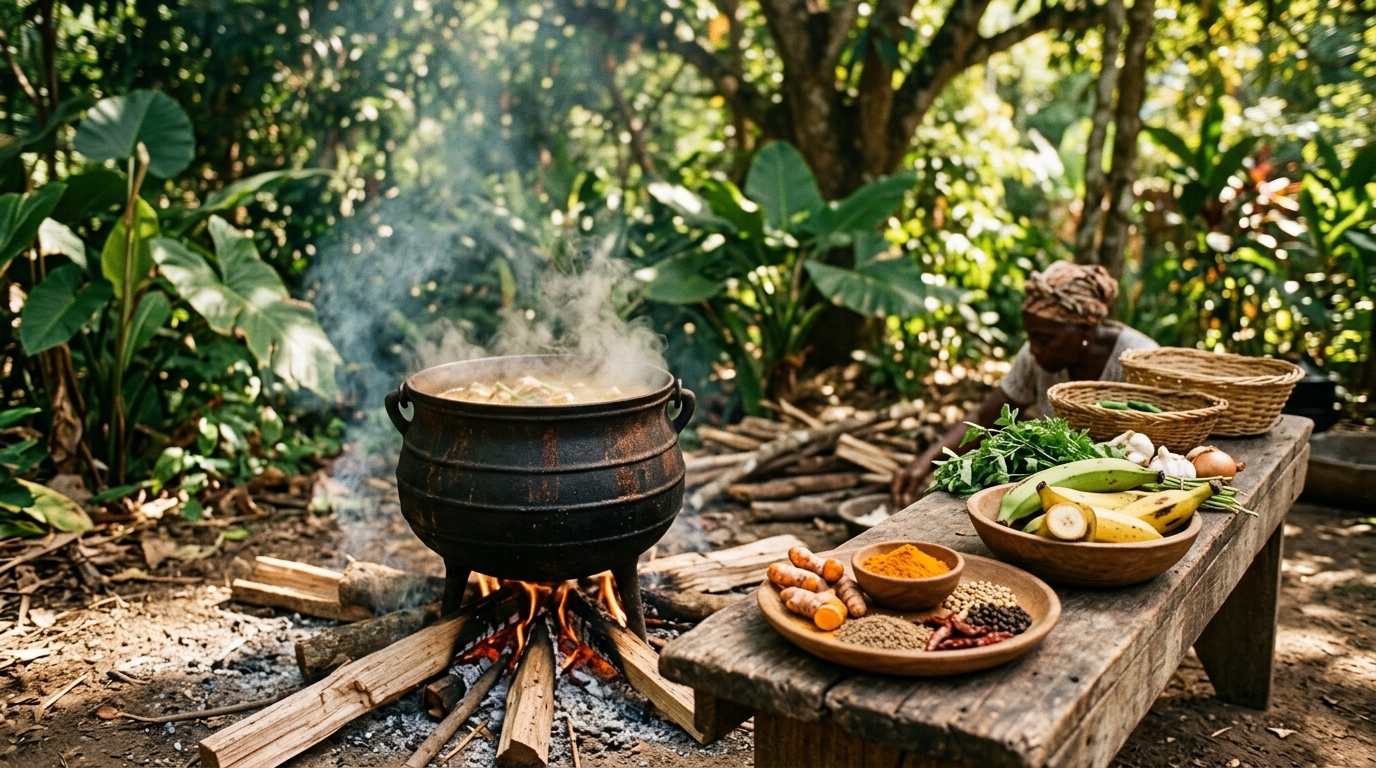 Cast iron pot cooking over an open fire with Indian spices and tropical ingredients.
