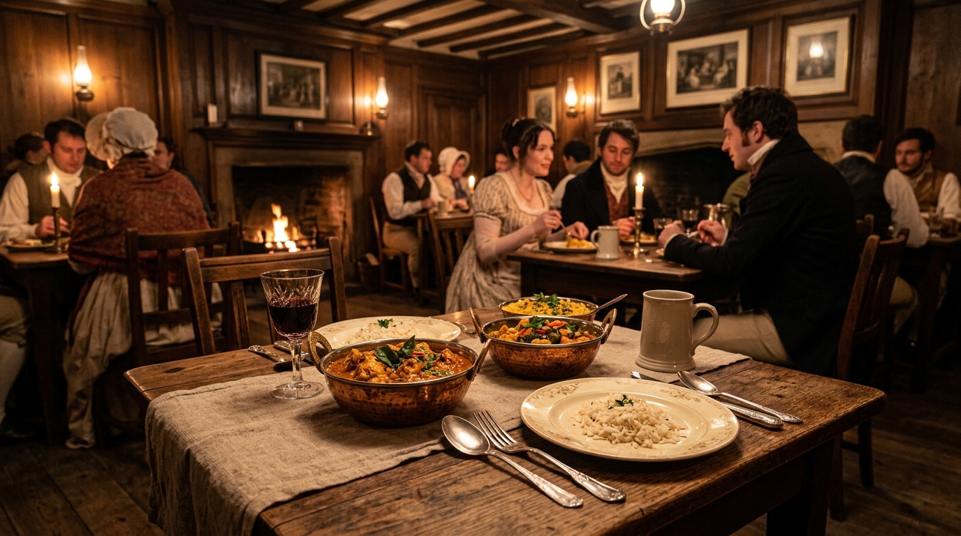 Historical 19th-century London dining table set with traditional Indian copper bowls of curry.