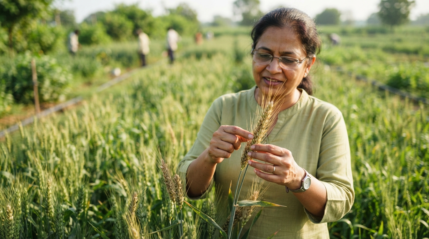 Agronomist closely examining heavy high-yielding dwarf wheat stalks in an Indian experimental test field.