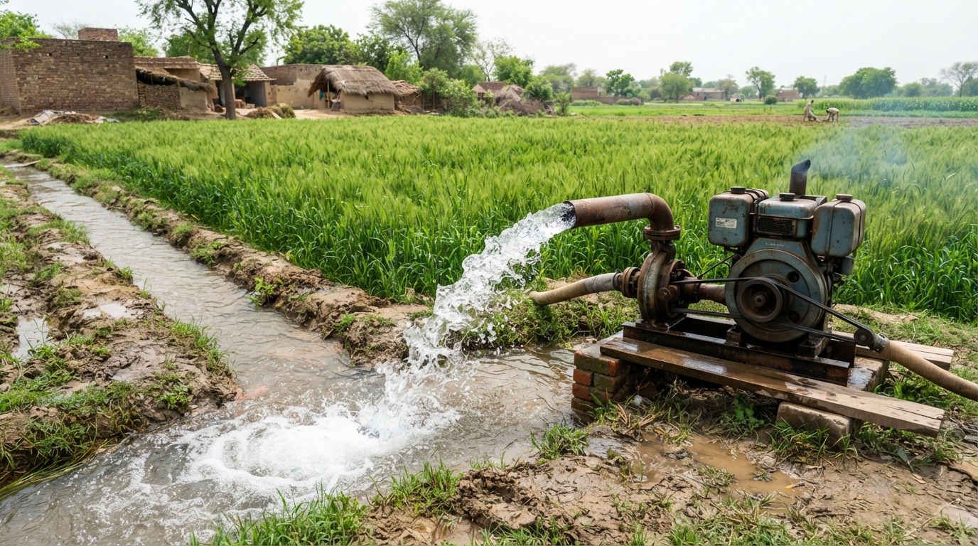 Diesel tubewell pump releasing fresh groundwater into earthen irrigation channels across rural Indian farmland.