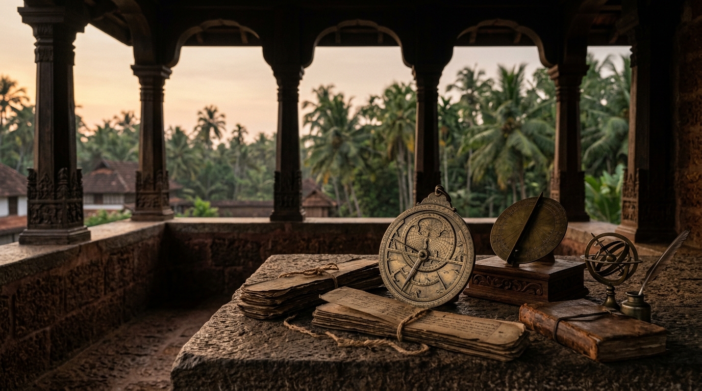 Ancient bronze astronomical instruments and palm leaf manuscripts used for historical calendar calculations in Kerala.