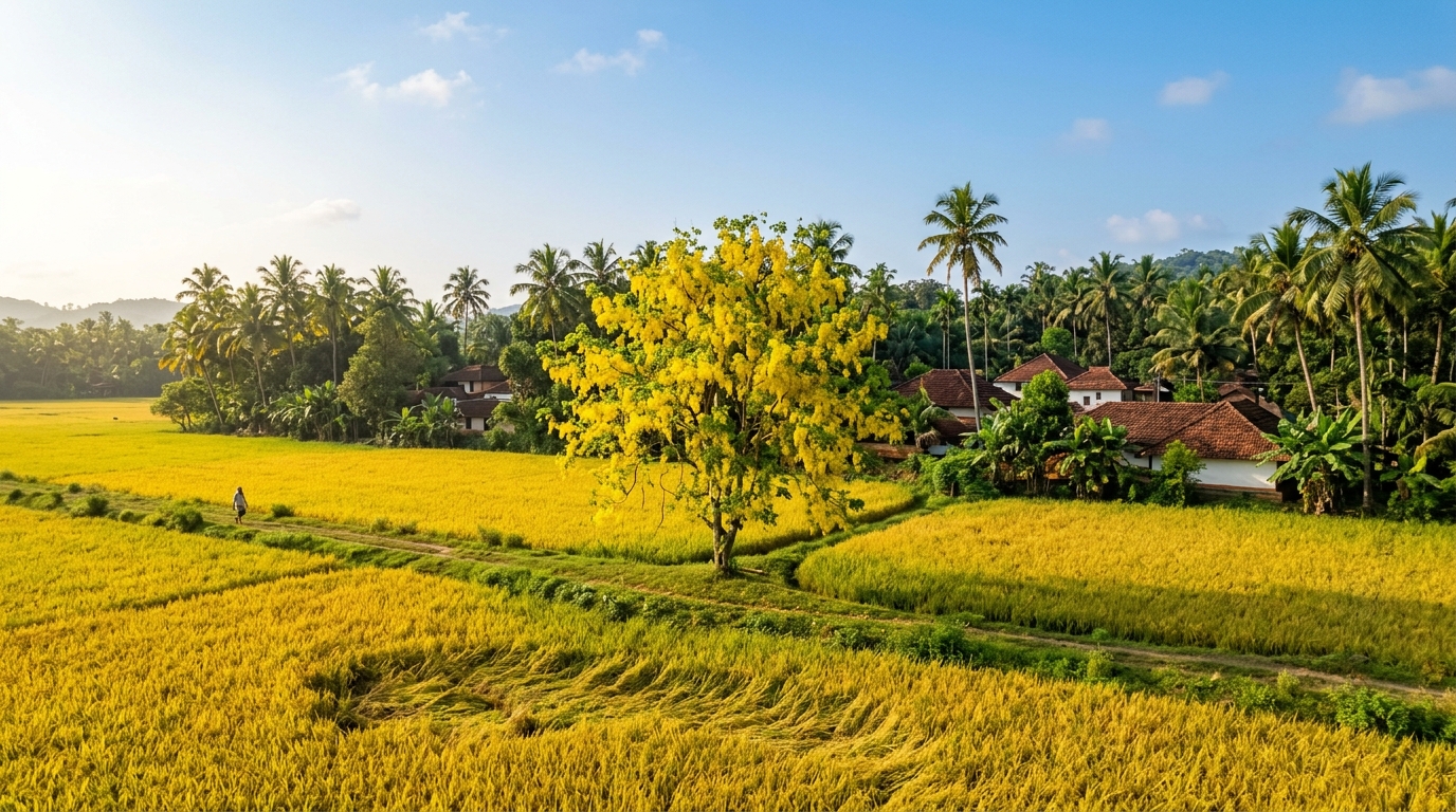 Golden paddy fields and blooming Kani Konna trees during the Kerala harvest season.