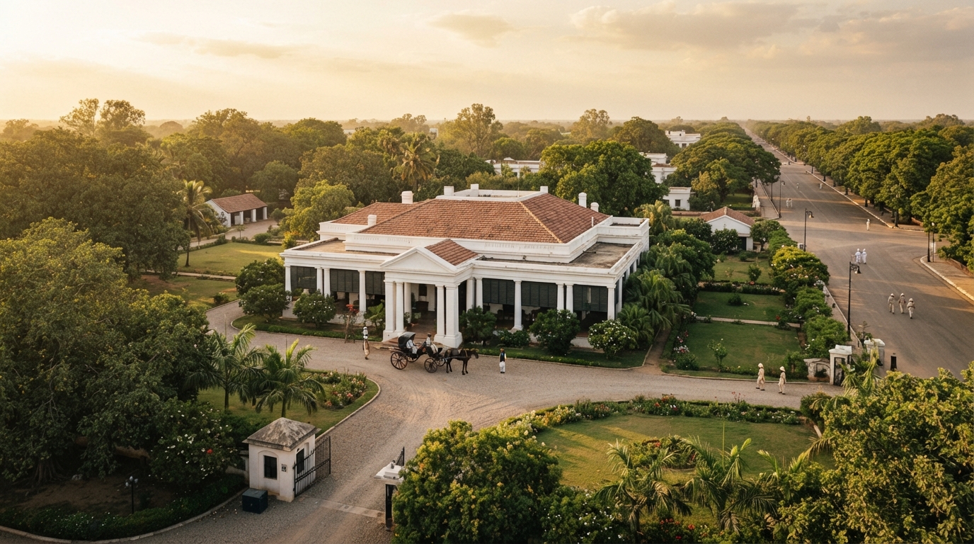 Historic British colonial bungalow and sprawling green compound in an Indian Civil Lines district
