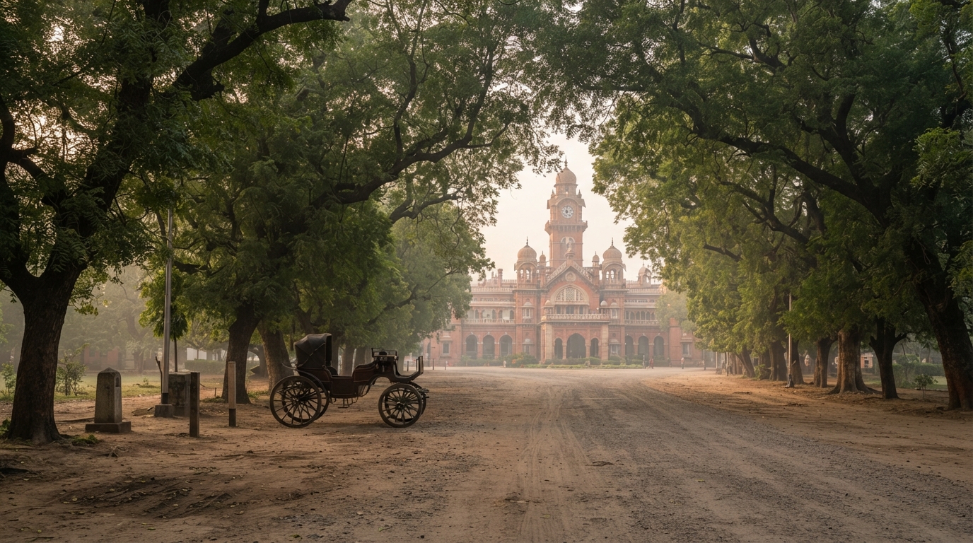 Tree-lined historic Mall Road leading to an Indo-Saracenic colonial administrative court building