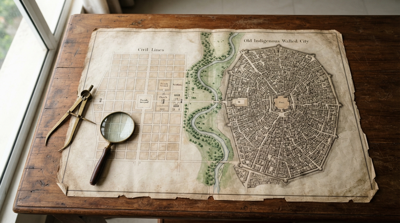 Archival urban planning map showing colonial grid layout and spatial segregation in India
