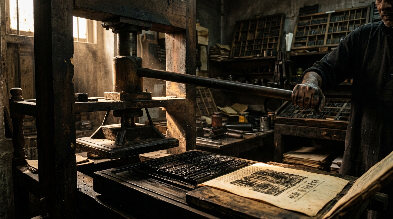 Antique wooden printing press producing early Indian broadsheets in a historic 18th-century workshop.