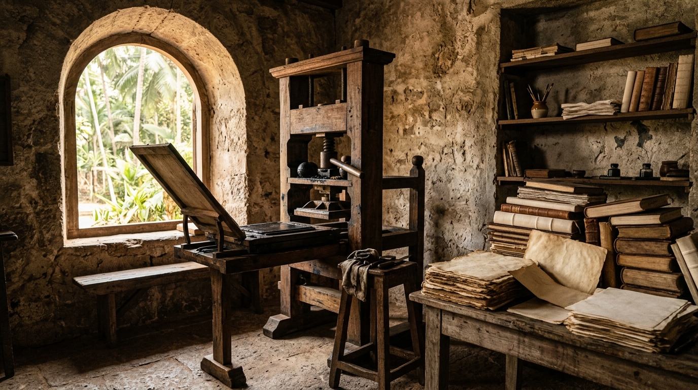 Early 16th-century printing press in a historic stone room in Goa with stacked parchment.