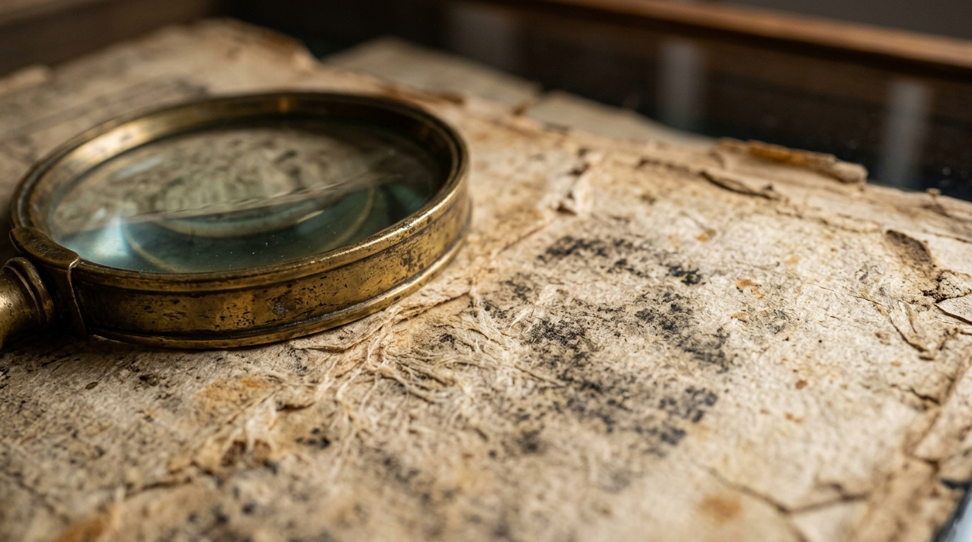Close-up of a magnifying glass over a preserved yellowed newspaper broadsheet in an archive.