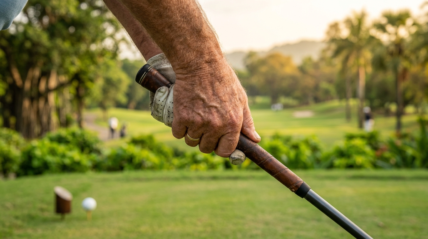Close-up of a professional golfer gripping a driver at the Indian Open tournament.