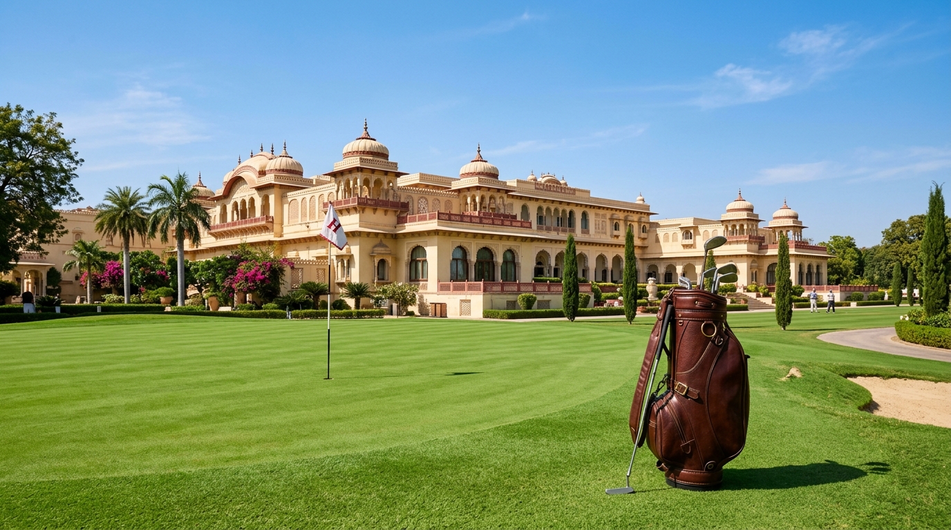 Luxury Indian heritage hotel overlooking a pristine golf course highlighting regional sports tourism.