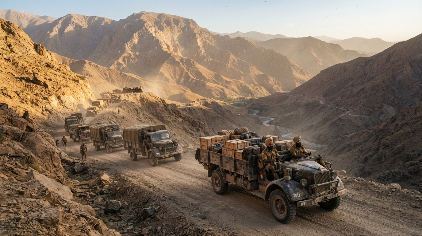 Indian Army supply convoy transporting military aid through the mountainous Persian Corridor in Iran.