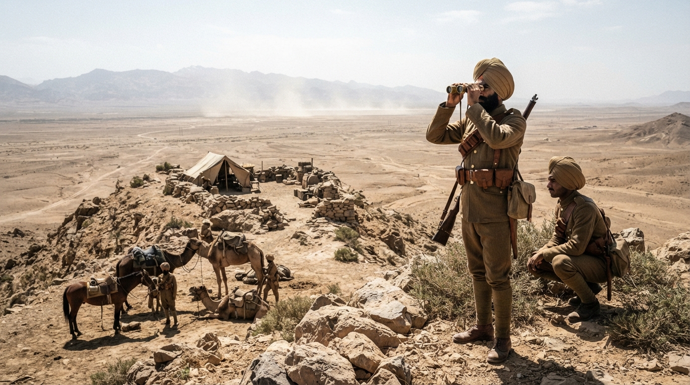British Indian Army cavalry soldiers on patrol during World War I in Persian desert.