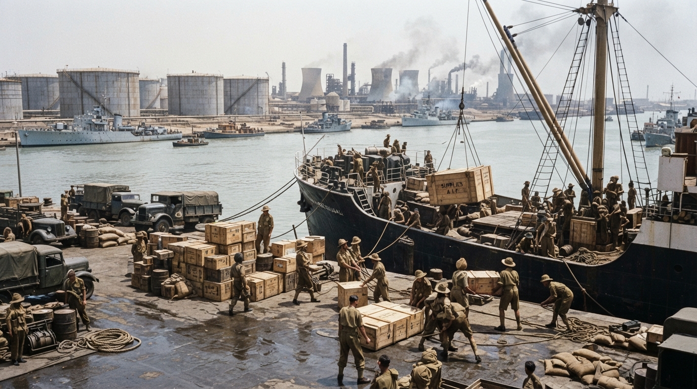 Indian Army pioneer units securing industrial oil port facilities during World War II.