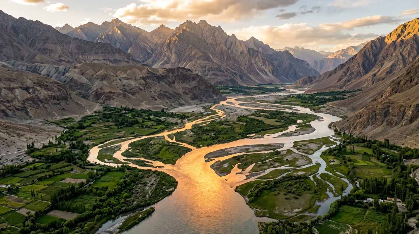 Aerial view of the Indus River flowing through mountainous terrain representing the water treaty.