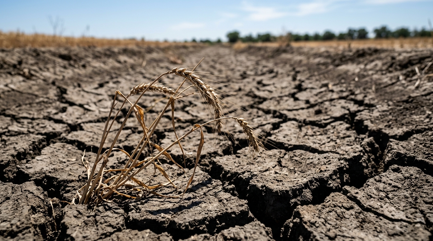 Dry cracked earth and wilted crops inside an empty irrigation canal during a water shortage.