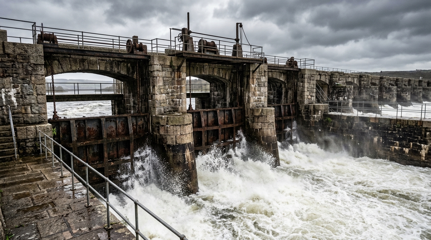 Heavy iron sluice gates controlling rushing river water at a historic irrigation canal headworks.