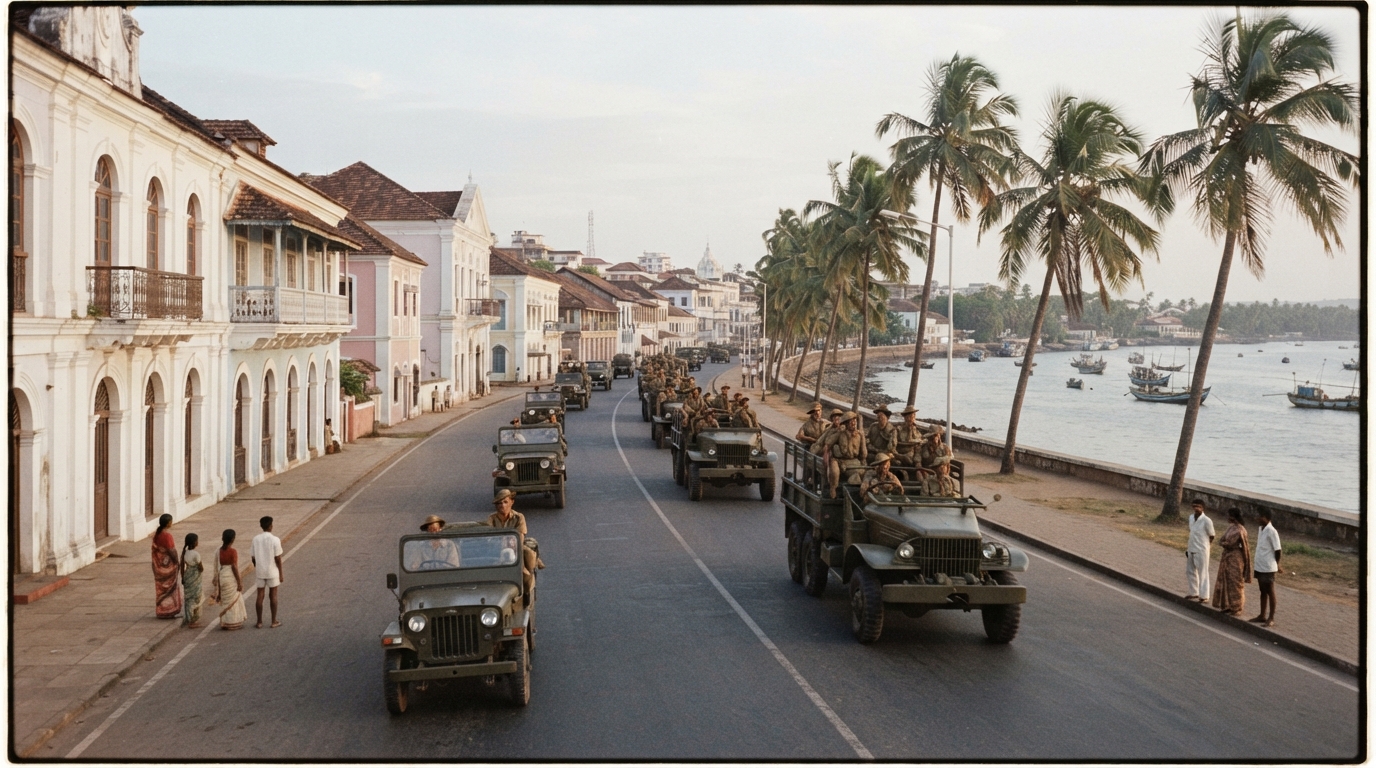 Indian military columns entering Panaji during the 1961 Operation Vijay Goa liberation campaign.