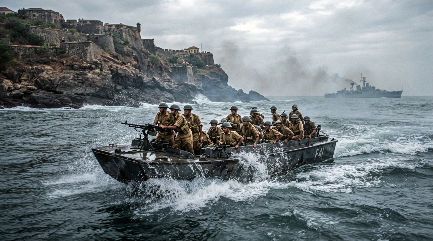 Historical Indian naval operation landing party securing Anjidiv Island during Operation Vijay in 1961.