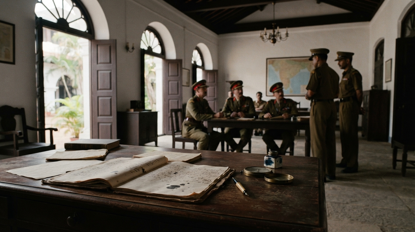 Historic surrender documents and colonial setting marking the end of Portuguese rule in Goa.