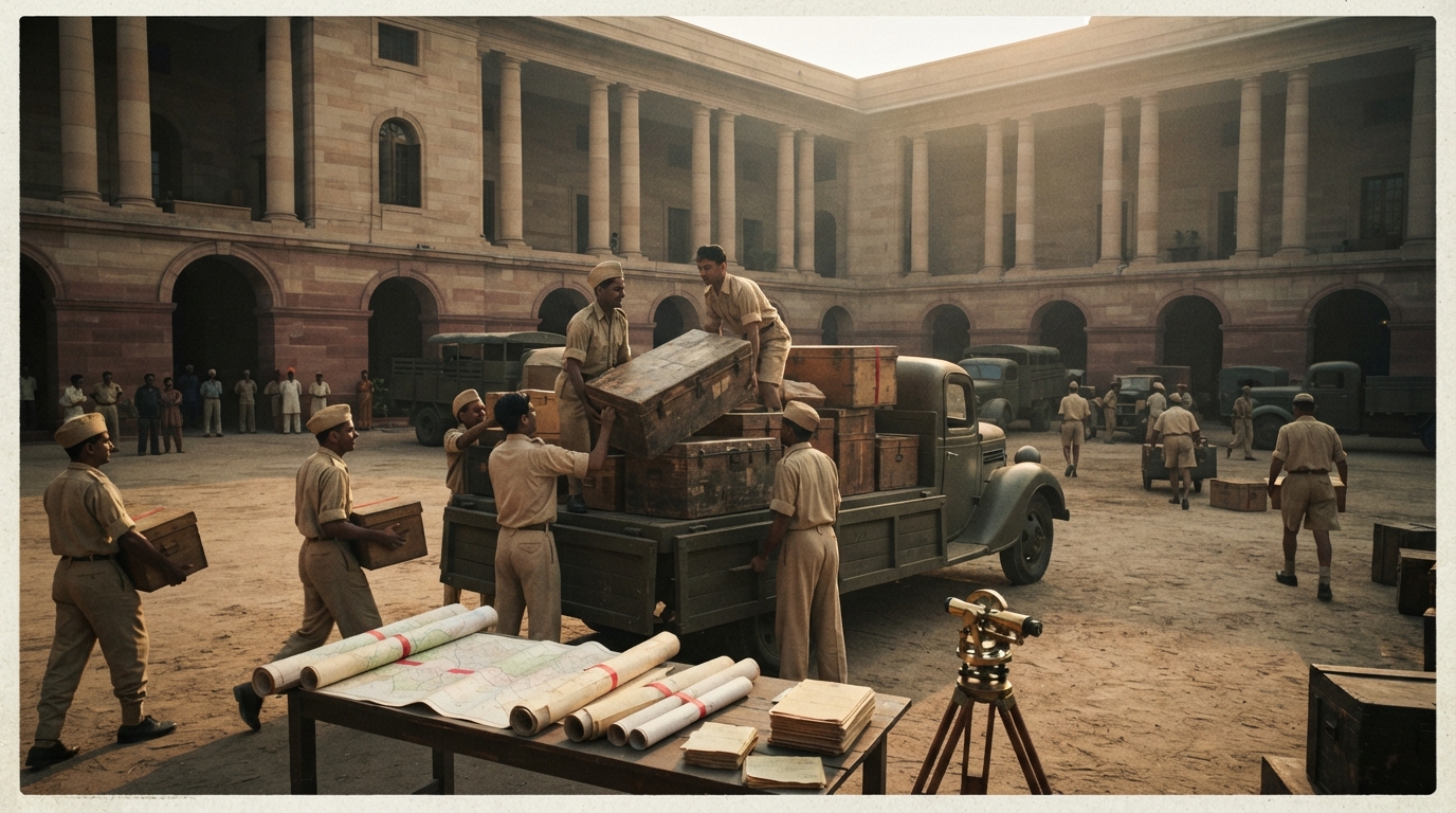 Historical colonial administrative documents and travel trunks prepared for departure outside a government building in 1947.