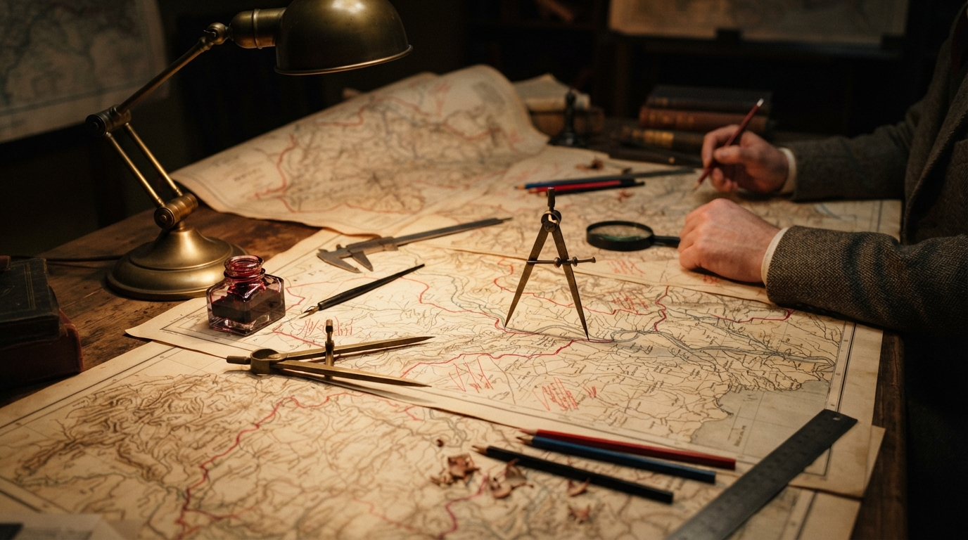 Vintage drafting tools, calipers, and cartographic maps marking the partition border lines of Punjab and Bengal.