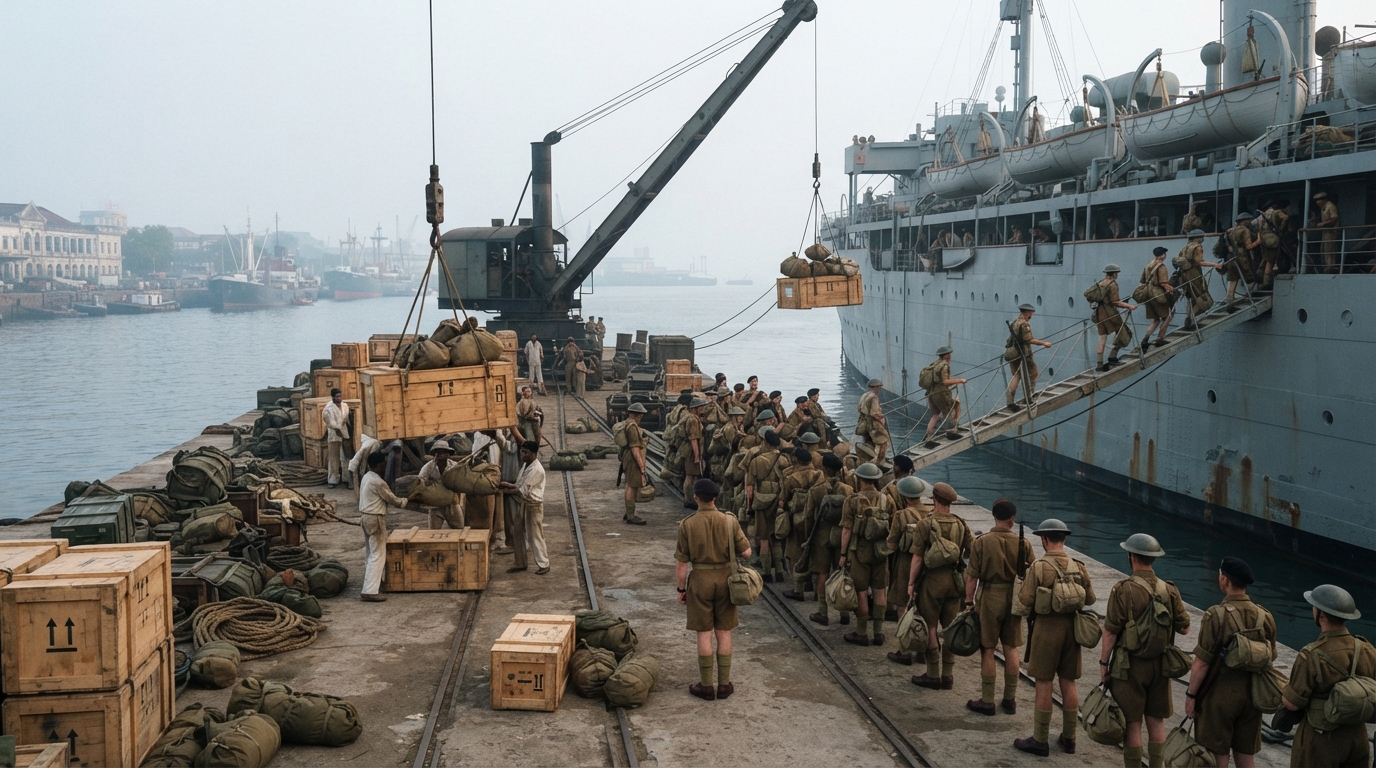 British military troops embarking onto a naval transport ship during the 1948 military withdrawal.