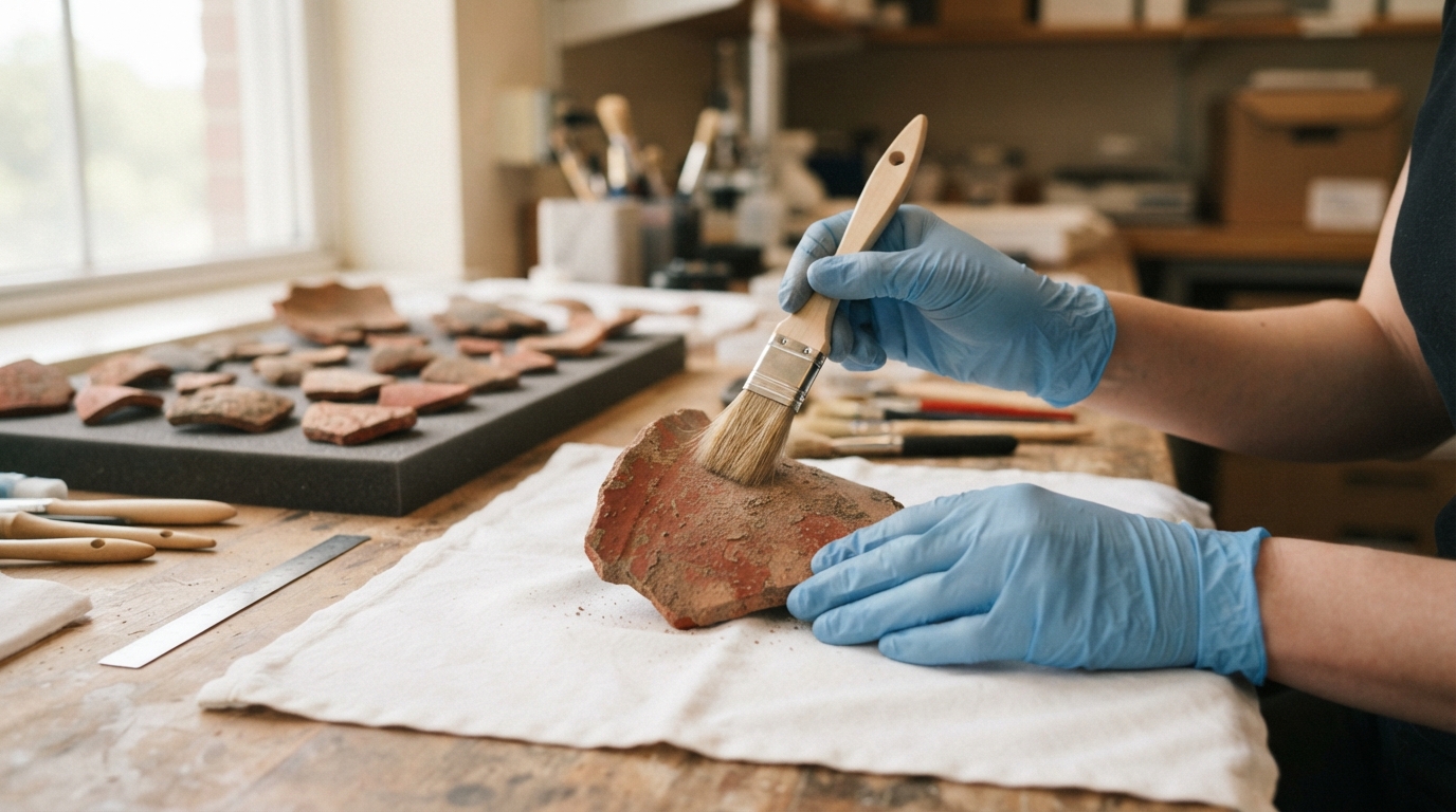 Conservator cleaning ancient ceramic pottery fragments recovered from Poompuhar seabed survey